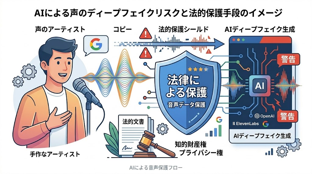 AIによる声のディープフェイクリスクと法的保護手段のイメージ
