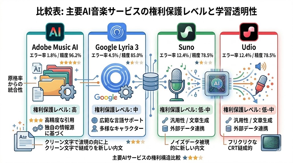 Adobe・Google Lyria・Suno・Udioの権利保護レベルと学習透明性の比較
