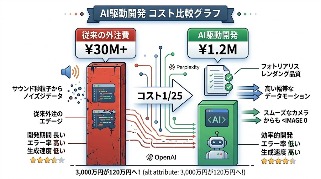 従来外注とAI駆動開発のコスト比較グラフ
