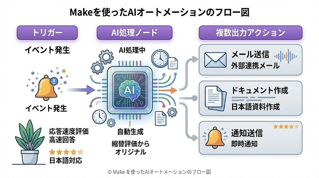 Makeを使ったAIオートメーションのフロー図
