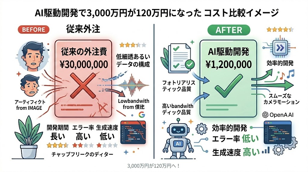 AI駆動開発で3,000万円が120万円になったコスト比較イメージ
