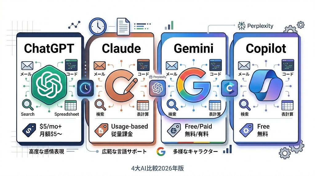 ChatGPT・Claude・Gemini・Copilot 4大AI比較2026年版
