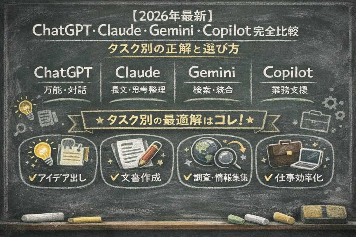 【2026年最新】ChatGPT・Claude・Gemini・Copilot完全比較｜タスク別の正解と選び方