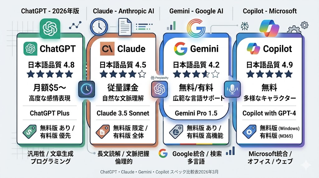 ChatGPT・Claude・Gemini・Copilot スペック比較表2026年3月

