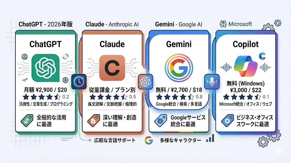 ChatGPT・Claude・Gemini・Copilot 料金プラン比較2026年
