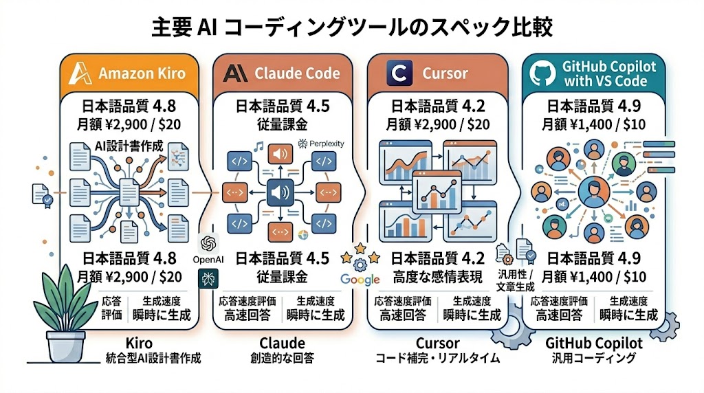 Kiro・Cursor・Claude Code・VS Code 料金と特徴の比較