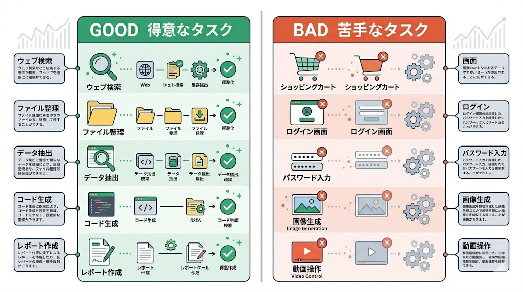 ChatGPTエージェントの得意タスクと苦手タスクの比較図
