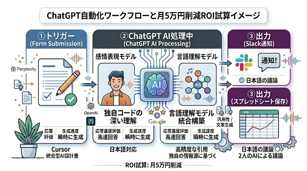 ChatGPT自動化ワークフローと月5万円削減ROI試算イメージ
