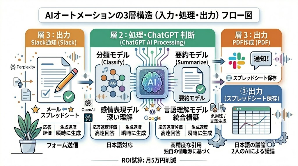 AIオートメーションの3層構造（入力・処理・出力）フロー図
