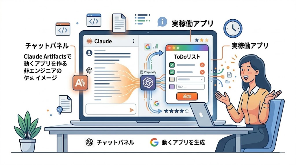 Claude Artifactsで動くアプリを作る非エンジニアのイメージ
