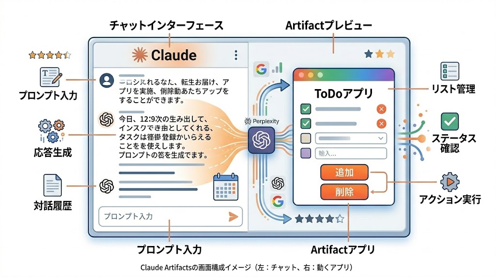 Claude Artifactsの画面構成イメージ（左：チャット、右：動くアプリ）
