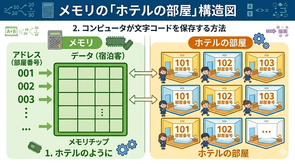 メモリの構造をホテルの部屋で表した図解