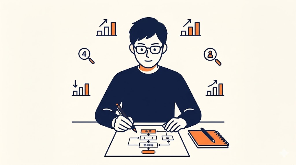 紙とペンでアルゴリズムを設計するエンジニアの図解