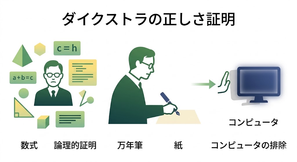 ダイクストラが万年筆でプログラムの正しさを証明するイラスト