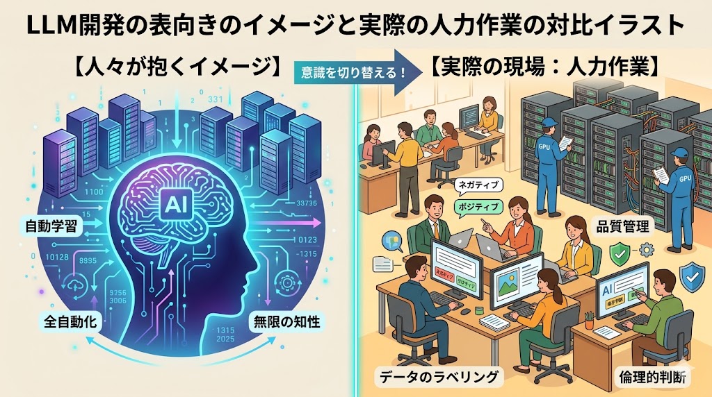 LLM開発の表向きのイメージと実際の人力作業の対比イラスト