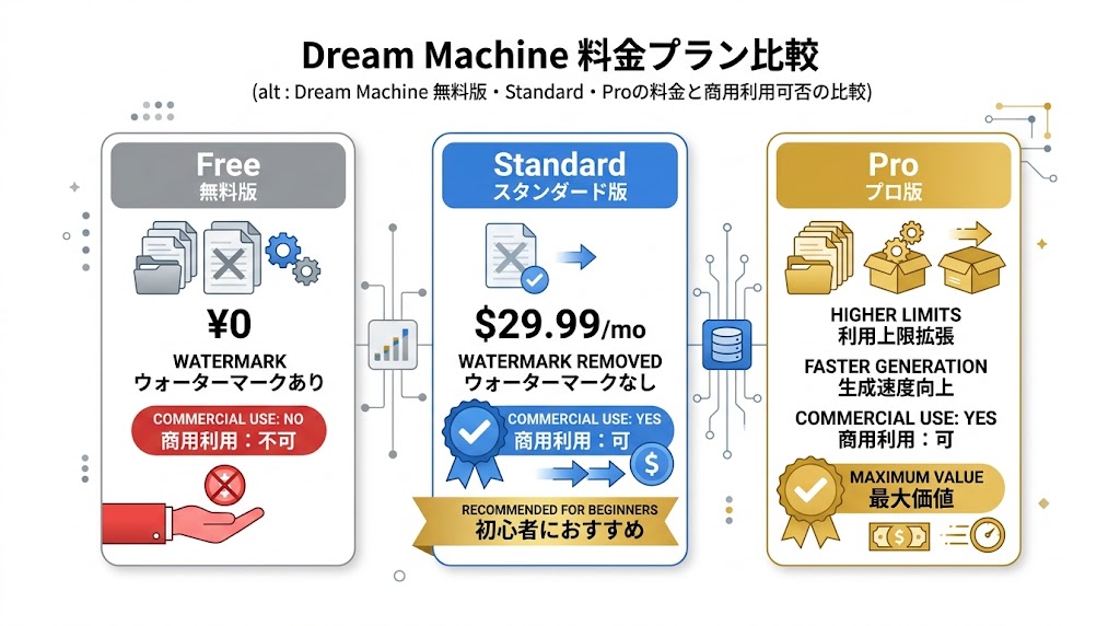 Dream Machine 無料版・Standard・Proの料金と商用利用可否の比較