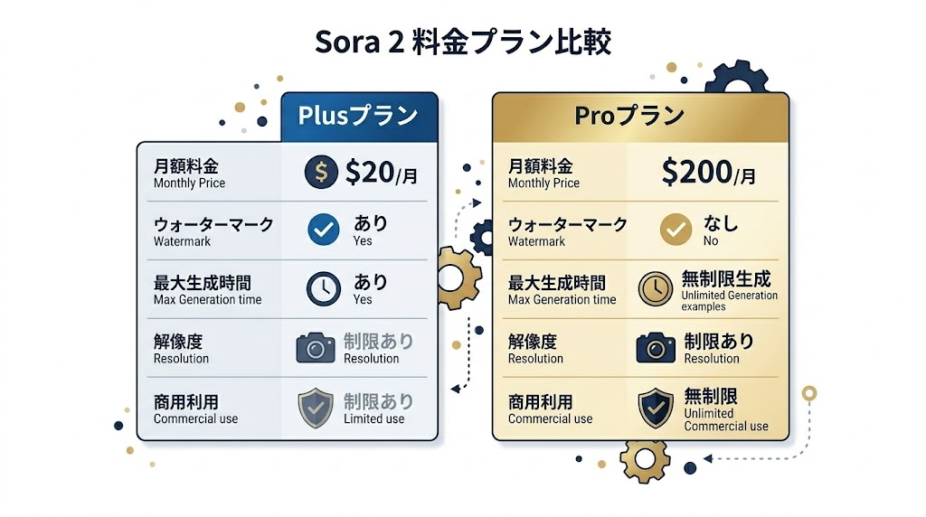 Sora PlusとSora Proの料金・機能・商用利用条件の比較