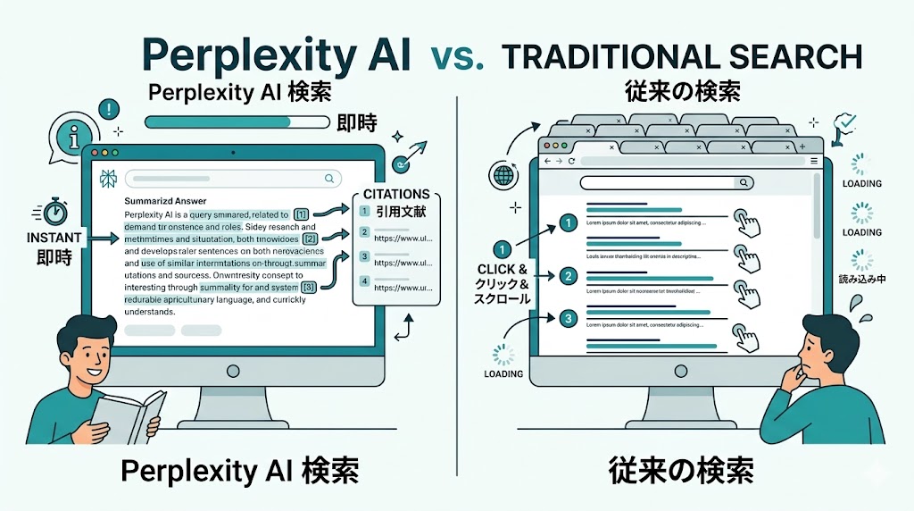 Perplexity AIと従来の検索エンジンの応答速度・情報源表示の比較
