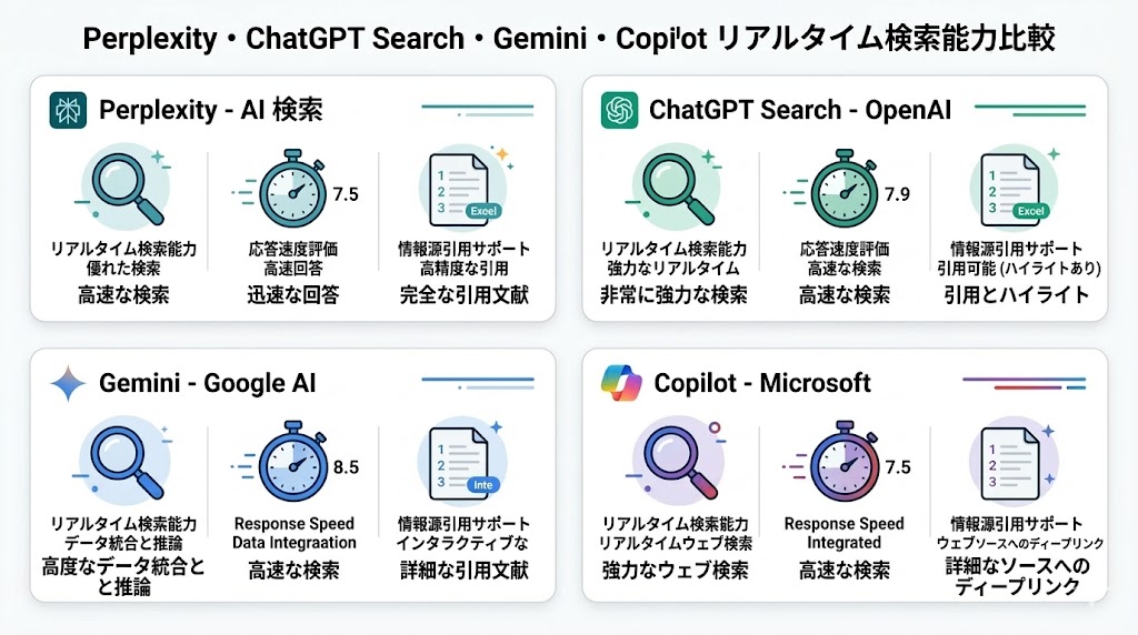 Perplexity・ChatGPT Search・Gemini・Copilotのリアルタイム検索能力比較
