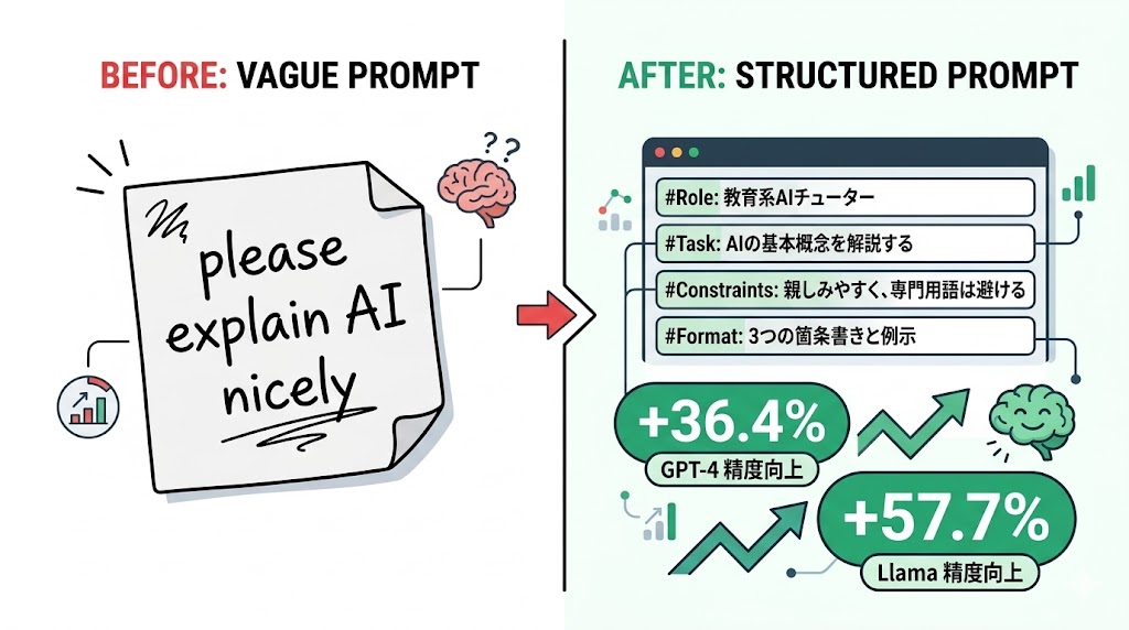 プロンプト構造化前後の比較とGPT-4・Llama精度改善データ
