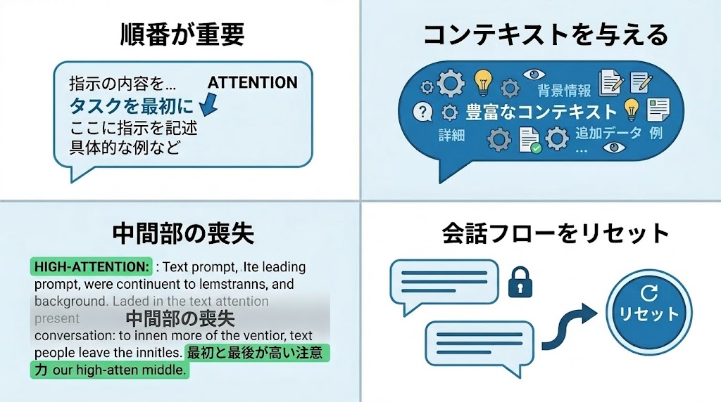 生成AIの4つの特性（順番・コンテキスト・中間部の喪失・方向性の固定）の図解