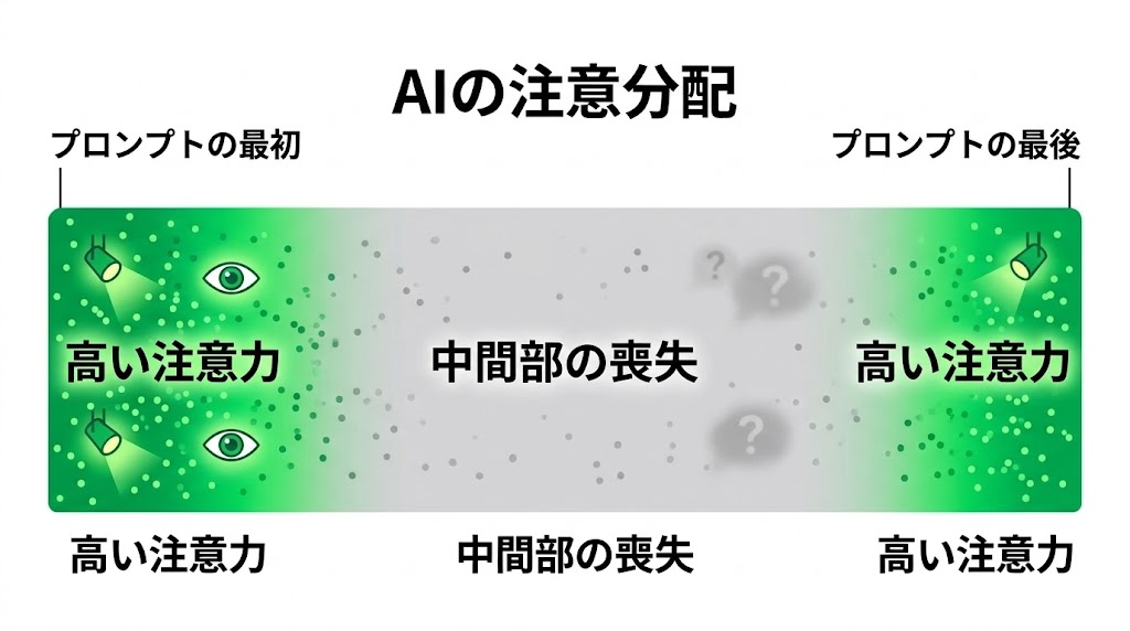 Lost in the Middle現象：プロンプトの最初と最後に注意が集中し中間が無視される