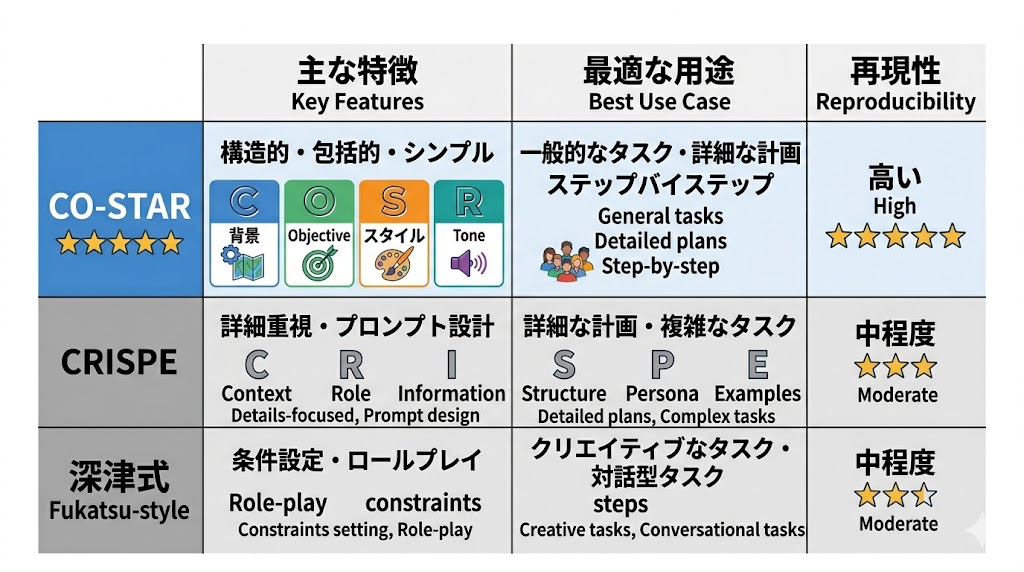CO-STAR・CRISPE・深津式プロンプトの特徴・用途・再現性の比較表