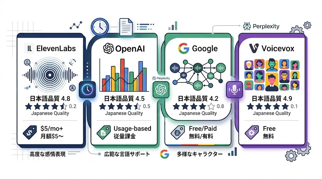 TTS読み上げAIサービス比較 ElevenLabs・OpenAI・Google・Voicevox