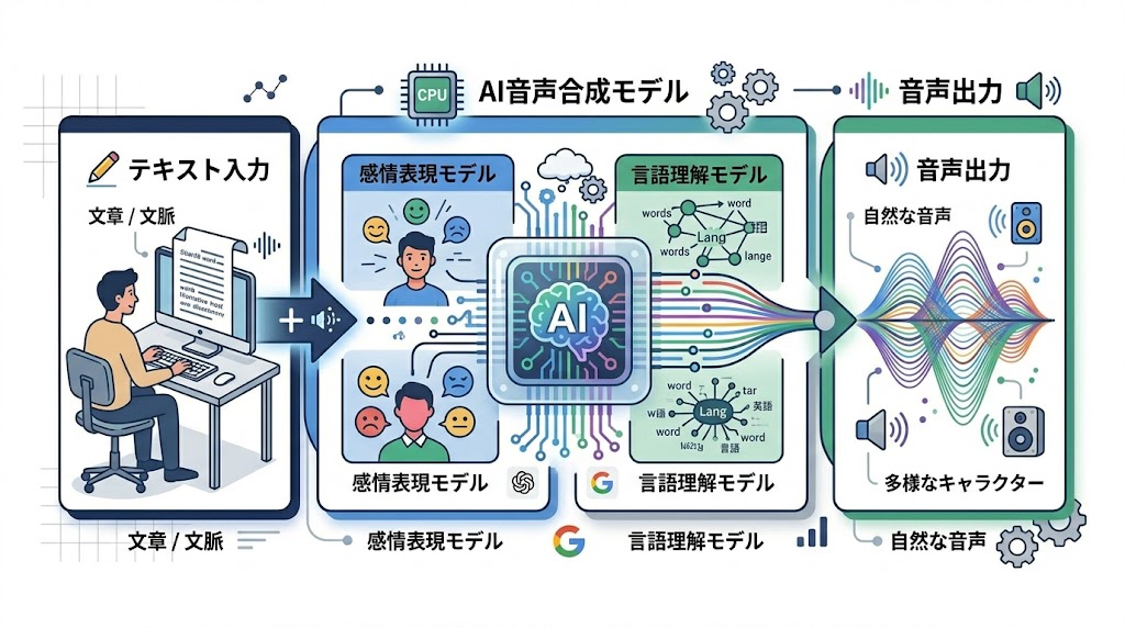 TTS(テキスト読み上げAI)の仕組みを示すフロー図