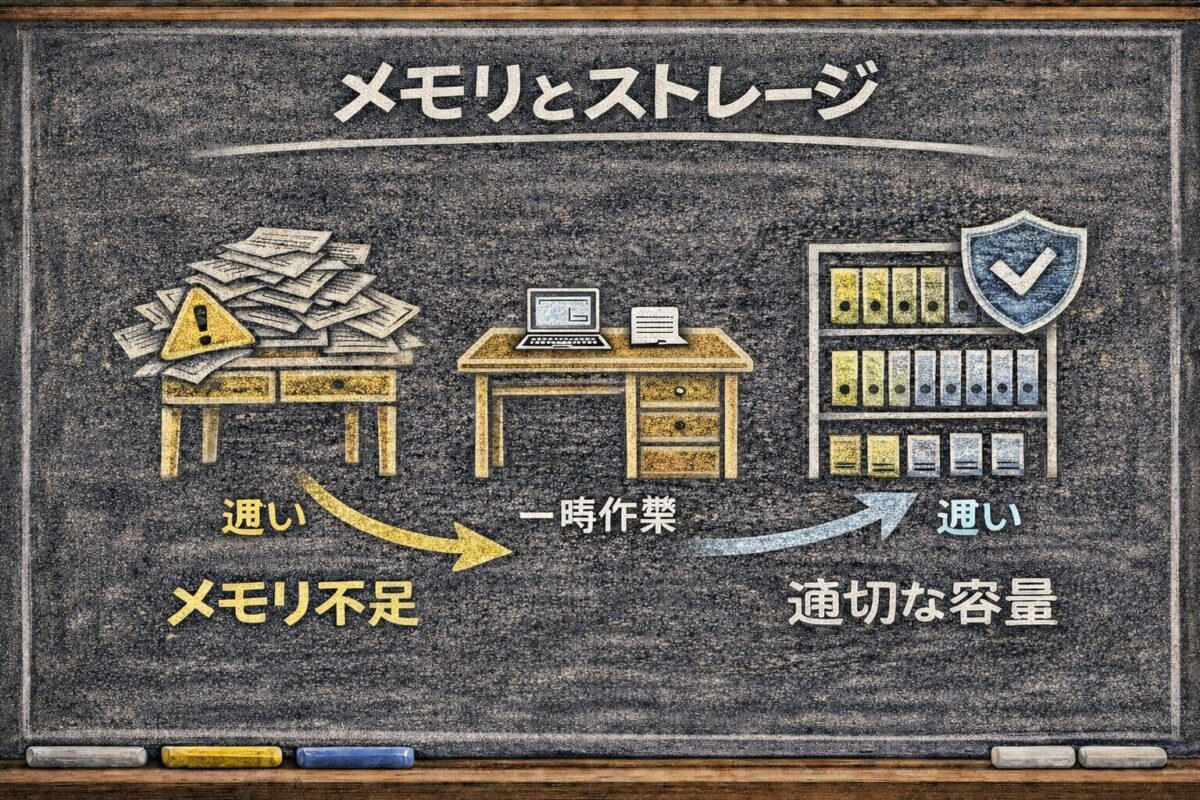 メモリとストレージの違いを机と棚で解説｜8GBか16GBの正解