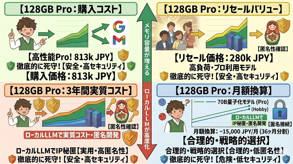 128GB MacBook Proの3年間実質コストと月額換算のグラフ