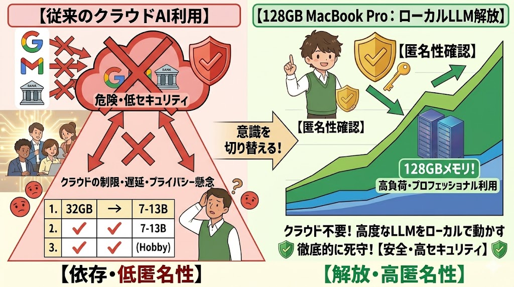 128GB MacBook ProでローカルLLMを動かしクラウドの制限から解放されるイメージ