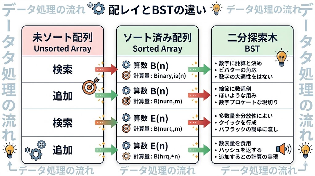 未ソート配列・ソート済み配列・二分探索木の検索と追加の速度比較