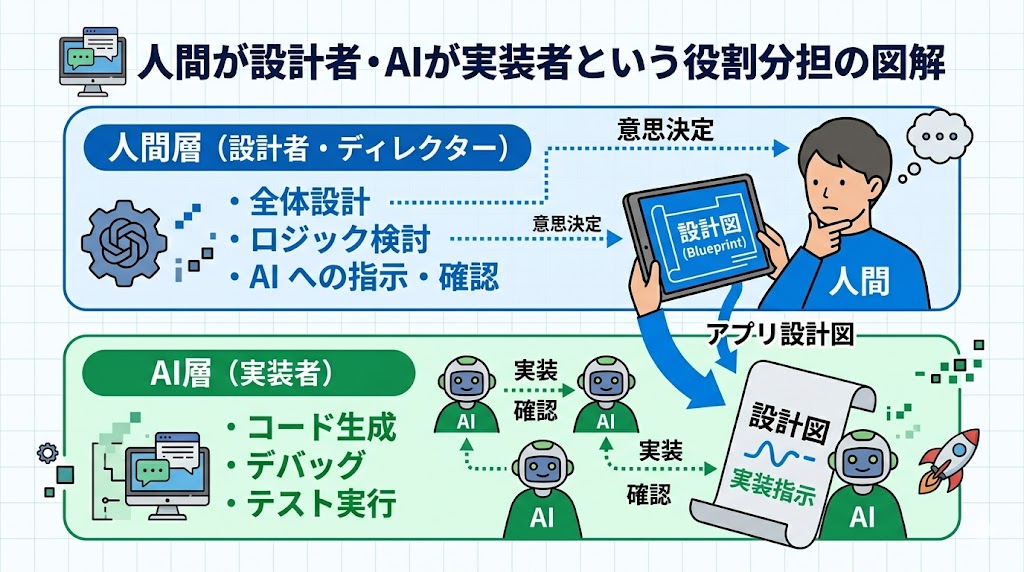 人間が設計者・AIが実装者という役割分担の図解