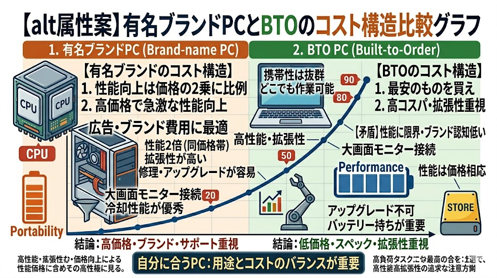 有名ブランドPCとBTOのコスト構造比較グラフ
