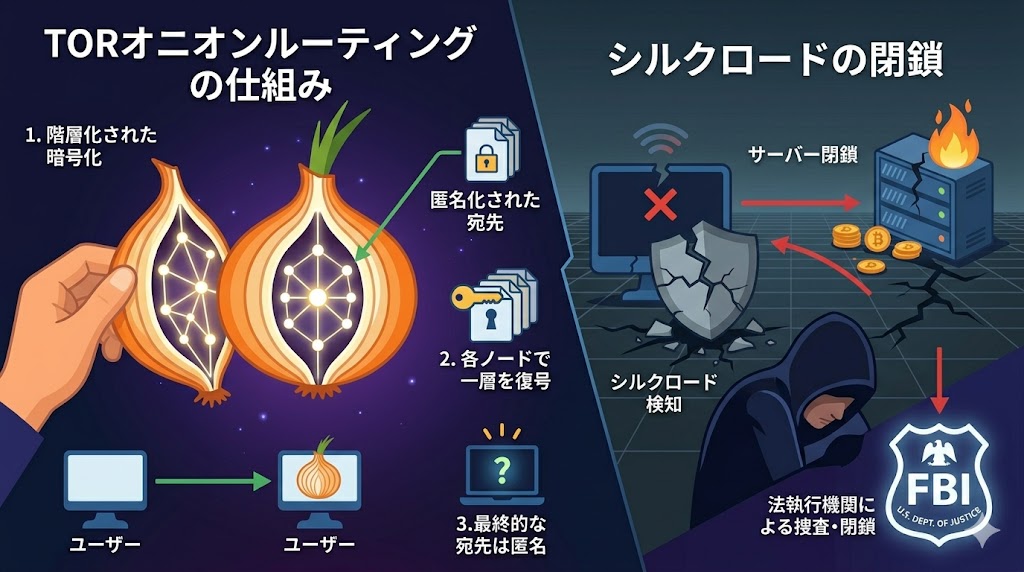 Torのオニオンルーティングとシルクロード崩壊の図解
