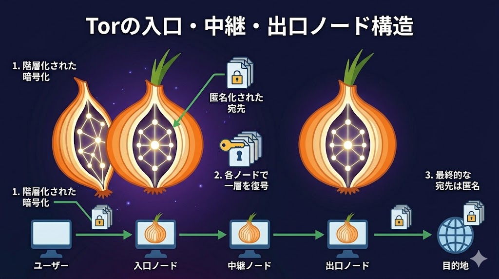 Torの入口・中継・出口ノード構造の図解
