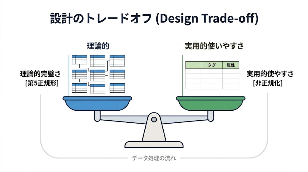 DB設計の理論的完璧さと実用性のトレードオフを示すバランス図
