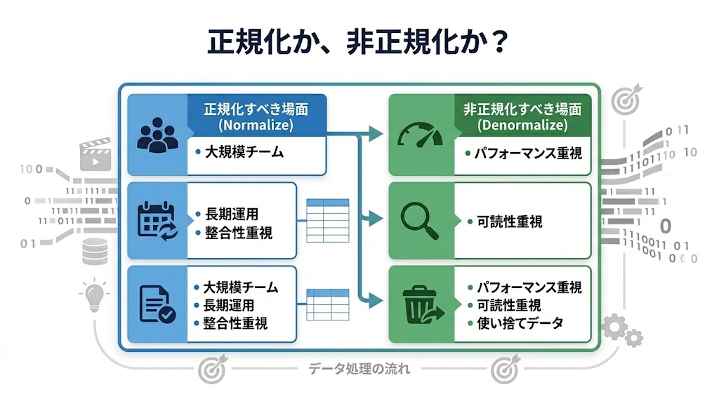 正規化すべき場面と非正規化すべき場面の判断マトリクス
