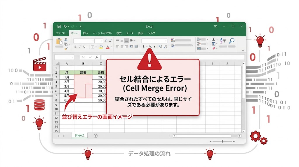 Excelセル結合による並び替えエラーの画面イメージ
