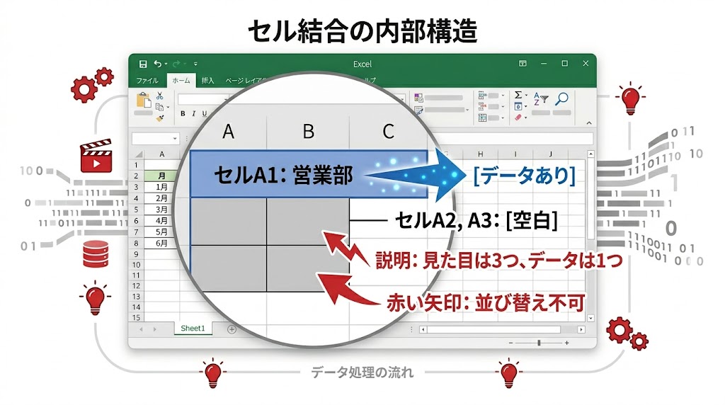 セル結合の内部構造：データはA1のみ・A2とA3は空白という図解

