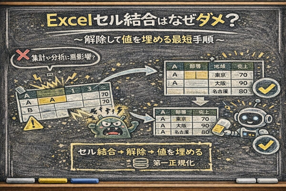 Excelセル結合はなぜダメ？解除して値を埋める最短手順