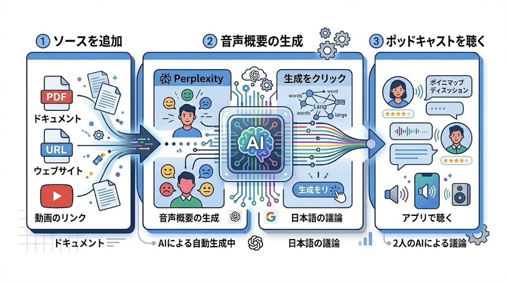 NotebookLMの音声概要生成3ステップ(ソース追加→生成→聴く)