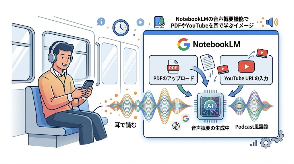 NotebookLMの音声概要機能でPDFやYouTubeを耳で学ぶイメージ