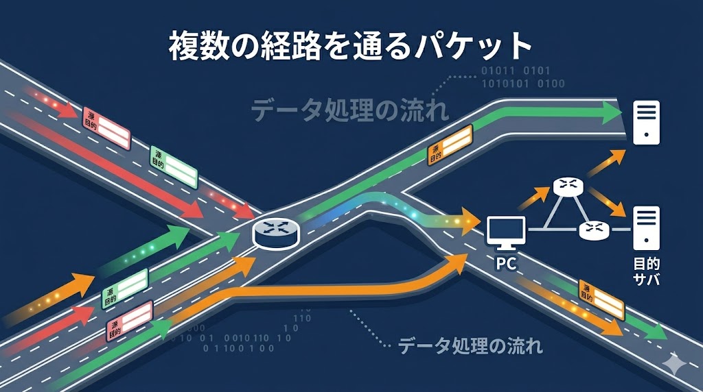 パケットが複数の経路を通ってデータを届ける仕組みの図解
