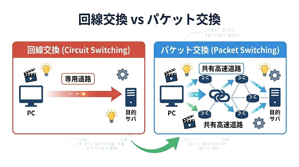 回線交換（専用道路）とパケット交換（共有高速道路）の比較図
