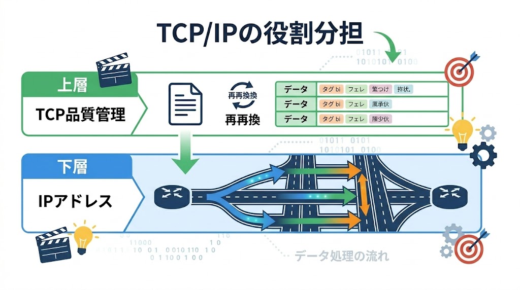 IPが経路制御・TCPが品質管理を担う役割分担図
