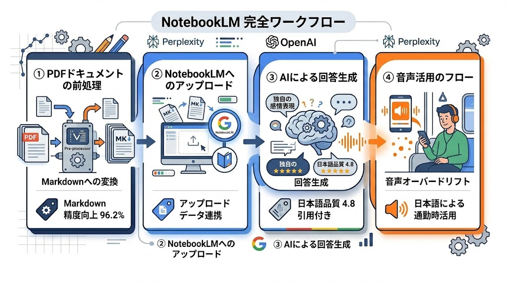 NotebookLMの前処理→アップロード→回答生成→音声活用の完全ワークフロー

