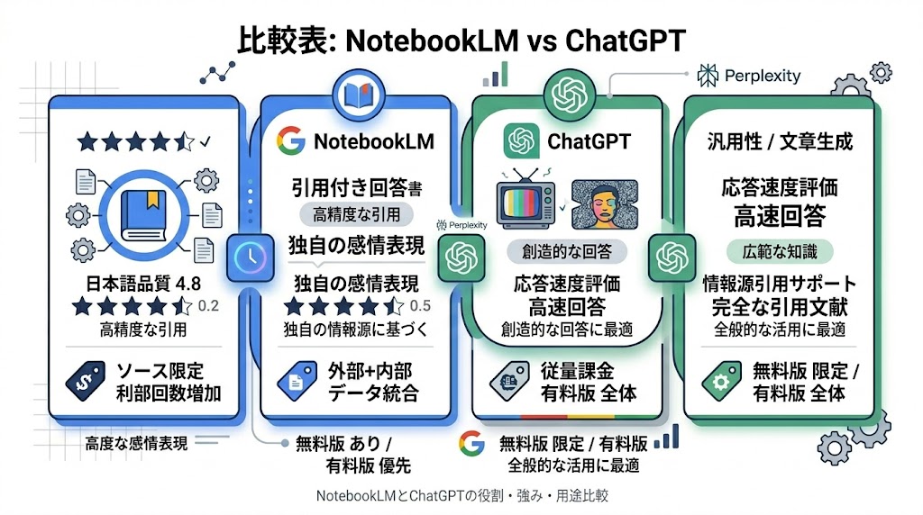 NotebookLMとChatGPTの役割・強み・用途比較

