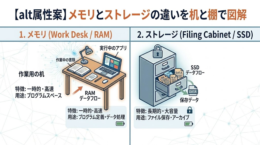 メモリとストレージの違いを机と棚で図解

